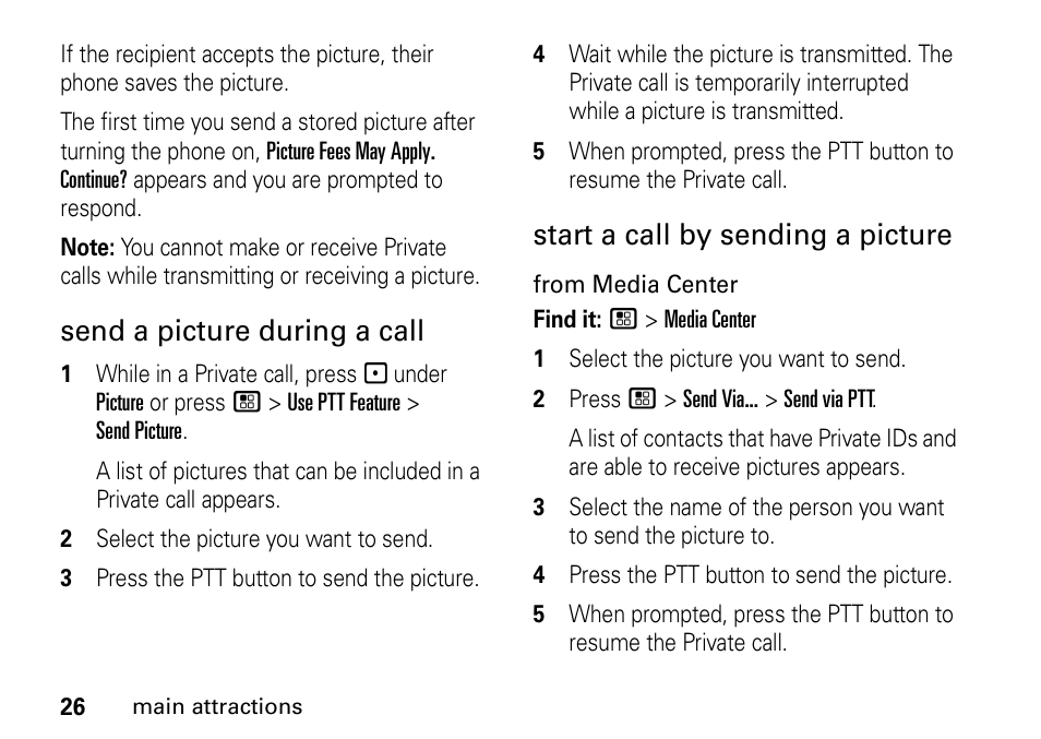Send a picture during a call, Start a call by sending a picture | Motorola H76XAH6JR7BN User Manual | Page 30 / 110
