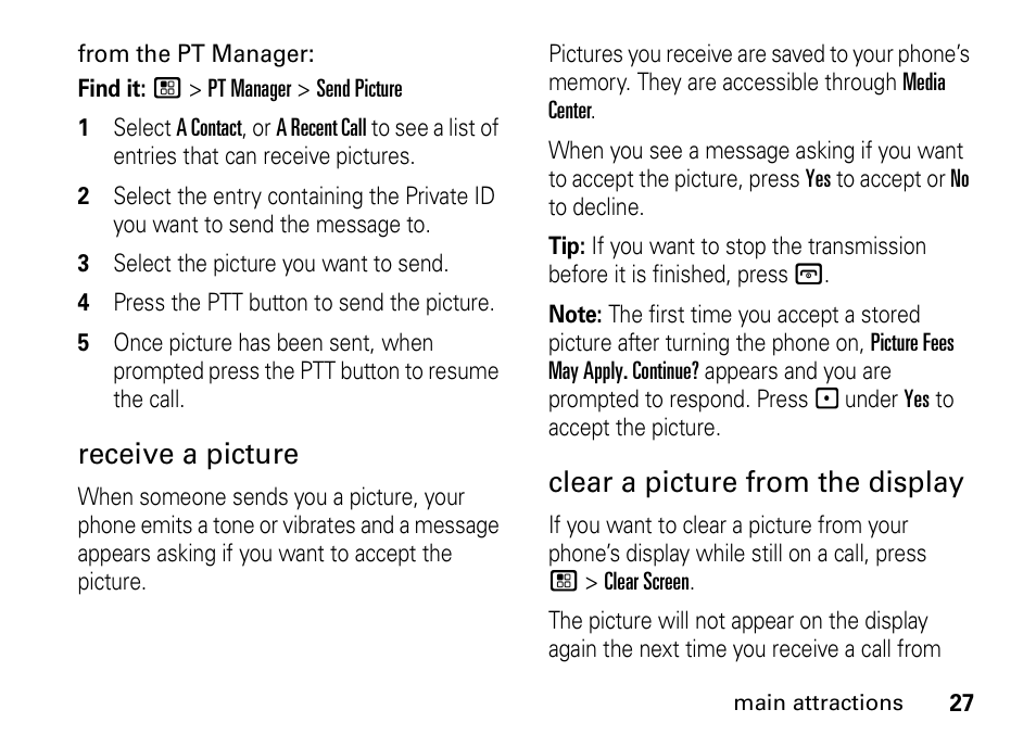 Receive a picture, Clear a picture from the display | Motorola H76XAH6JR7BN User Manual | Page 31 / 110