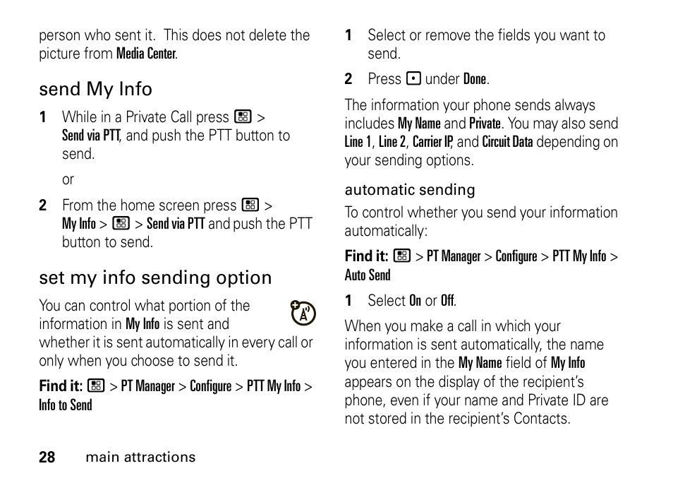 Send my info, Set my info sending option | Motorola H76XAH6JR7BN User Manual | Page 32 / 110