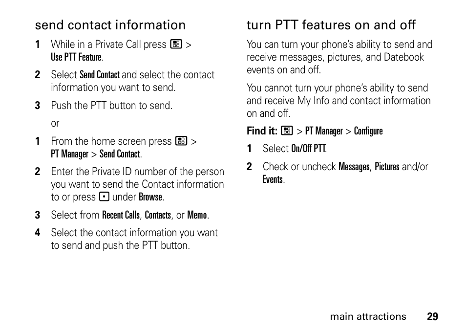 Send contact information, Turn ptt features on and off | Motorola H76XAH6JR7BN User Manual | Page 33 / 110