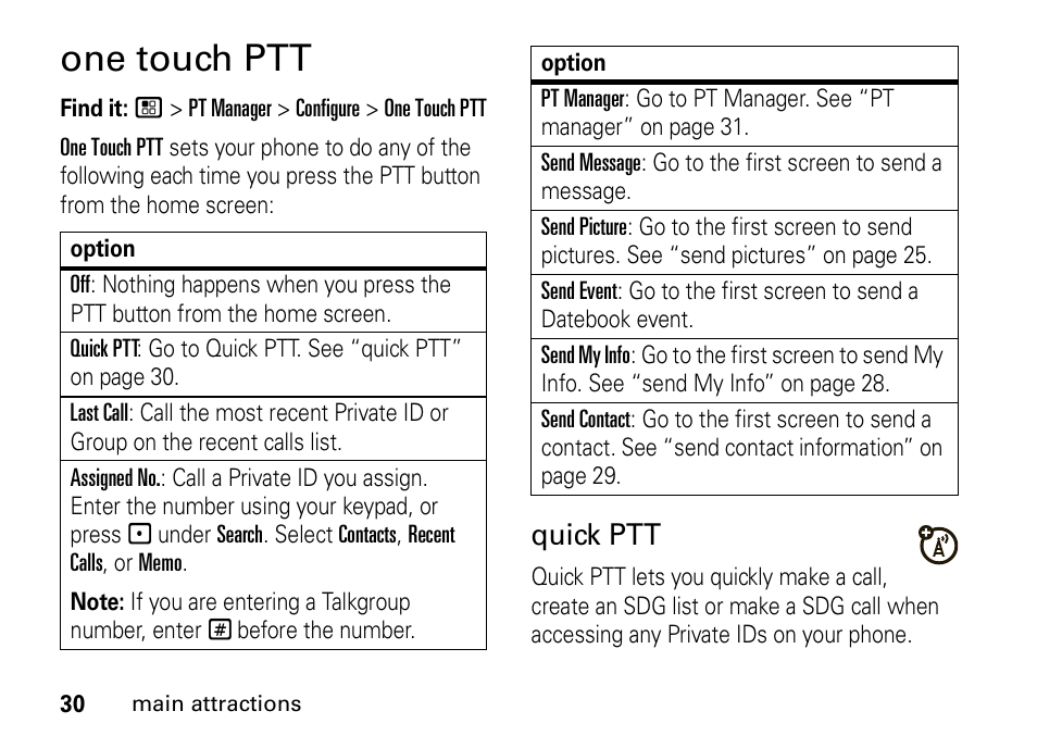 One touch ptt, Quick ptt | Motorola H76XAH6JR7BN User Manual | Page 34 / 110