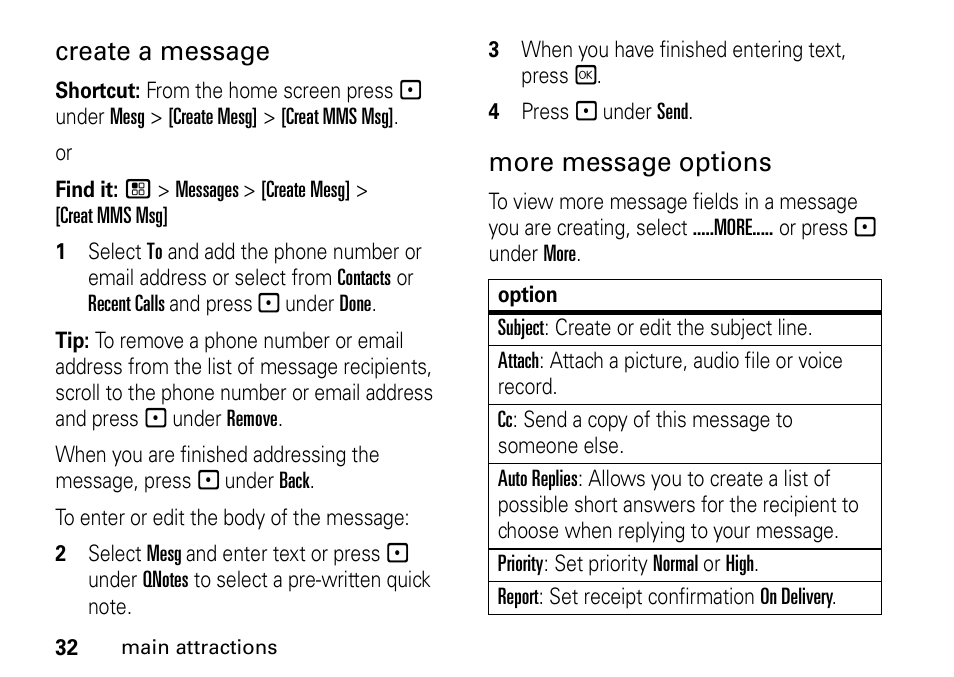 Create a message, More message options | Motorola H76XAH6JR7BN User Manual | Page 36 / 110