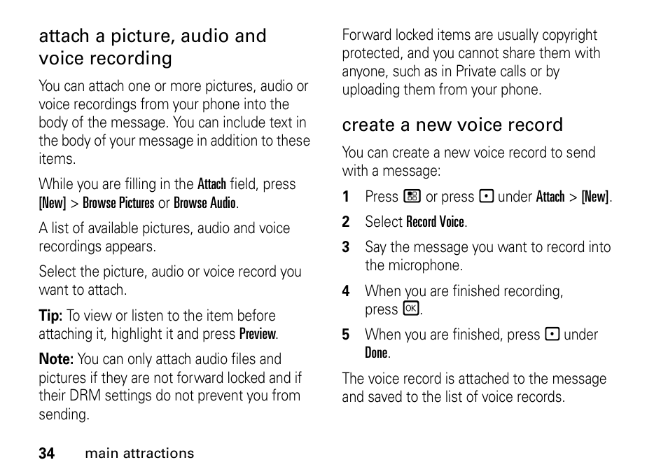 Attach a picture, audio and voice recording, Create a new voice record | Motorola H76XAH6JR7BN User Manual | Page 38 / 110