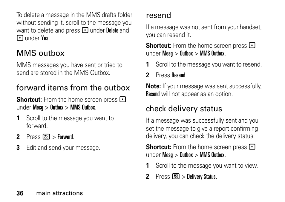 Mms outbox, Forward items from the outbox, Resend | Check delivery status | Motorola H76XAH6JR7BN User Manual | Page 40 / 110