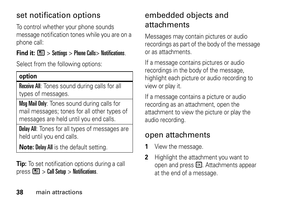 Set notification options, Embedded objects and attachments, Open attachments | Motorola H76XAH6JR7BN User Manual | Page 42 / 110