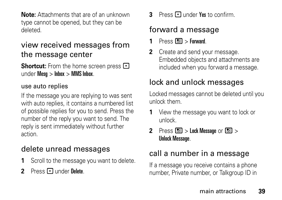 View received messages from the message center, Delete unread messages, Forward a message | Lock and unlock messages, Call a number in a message | Motorola H76XAH6JR7BN User Manual | Page 43 / 110