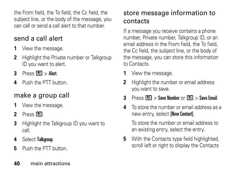 Send a call alert, Make a group call, Store message information to contacts | Motorola H76XAH6JR7BN User Manual | Page 44 / 110