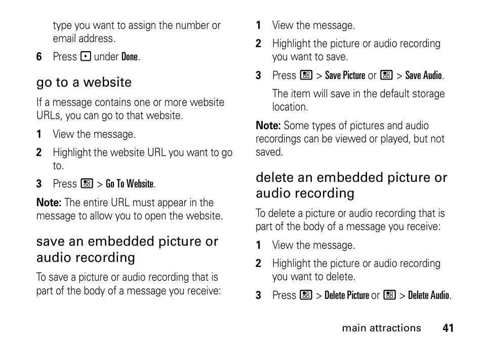 Go to a website, Save an embedded picture or audio recording, Delete an embedded picture or audio recording | Motorola H76XAH6JR7BN User Manual | Page 45 / 110