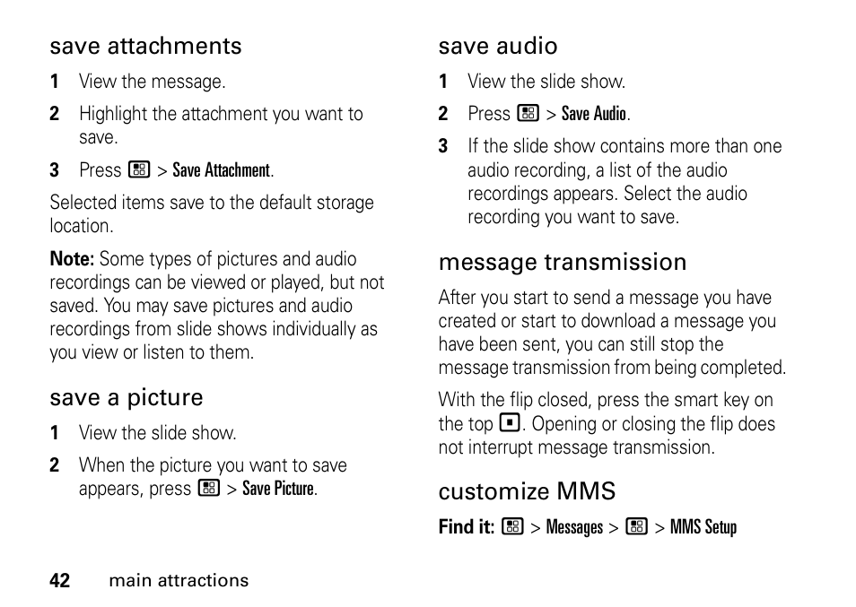 Save attachments, Save a picture, Save audio | Message transmission, Customize mms | Motorola H76XAH6JR7BN User Manual | Page 46 / 110