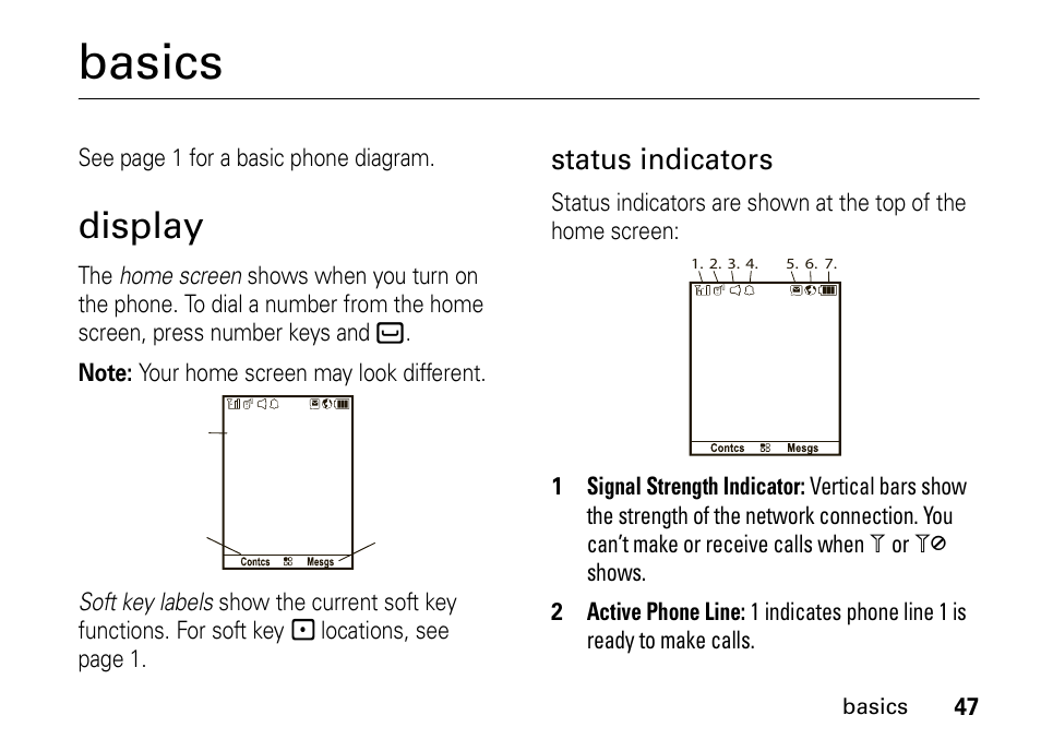 Basics, Display, Status indicators | Motorola H76XAH6JR7BN User Manual | Page 51 / 110