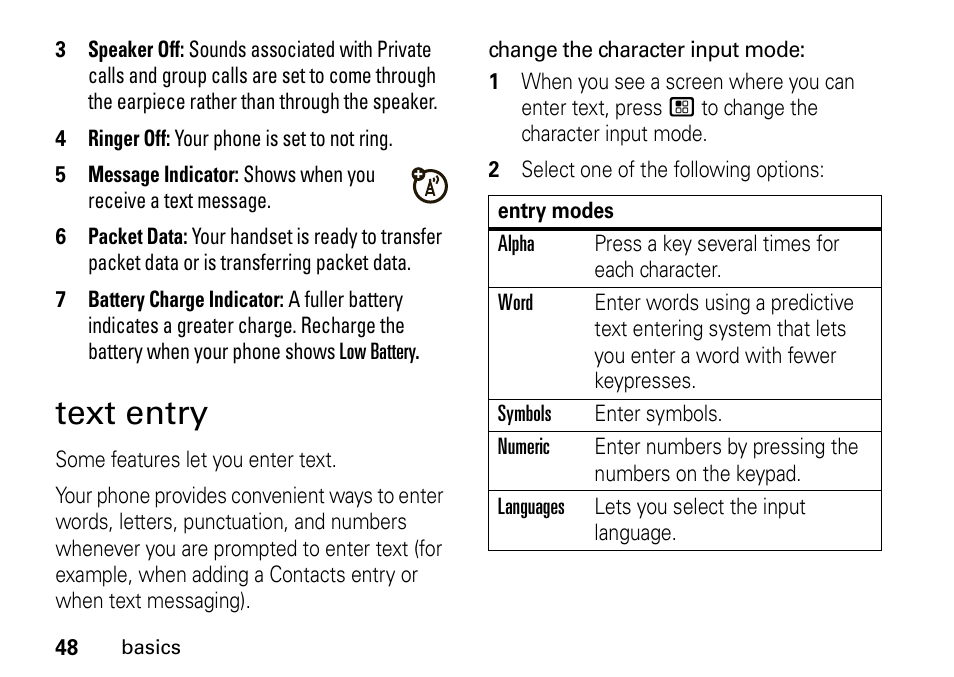 Text entry | Motorola H76XAH6JR7BN User Manual | Page 52 / 110