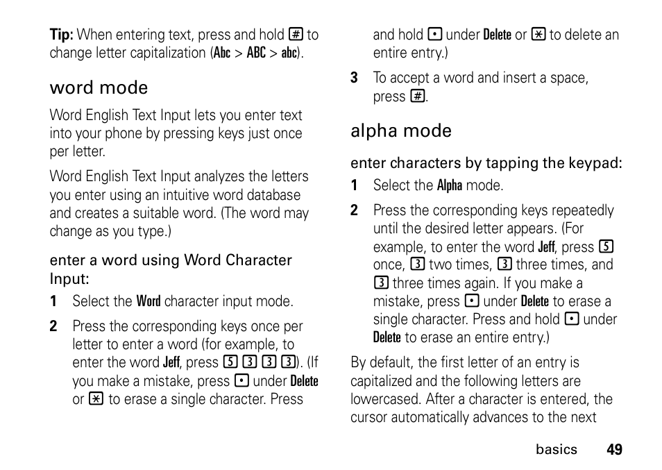 Word mode, Alpha mode | Motorola H76XAH6JR7BN User Manual | Page 53 / 110