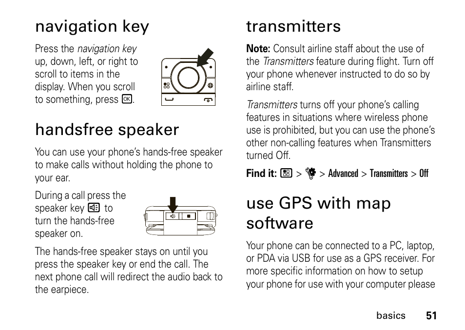 Navigation key, Handsfree speaker, Transmitters | Use gps with map software | Motorola H76XAH6JR7BN User Manual | Page 55 / 110