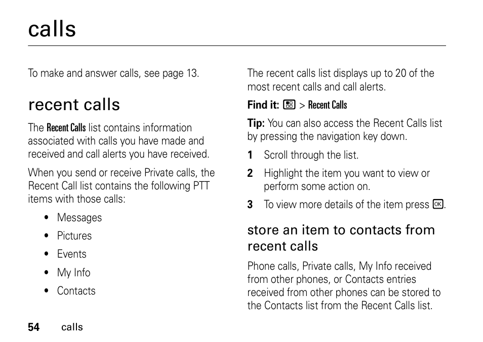 Calls, Recent calls | Motorola H76XAH6JR7BN User Manual | Page 58 / 110