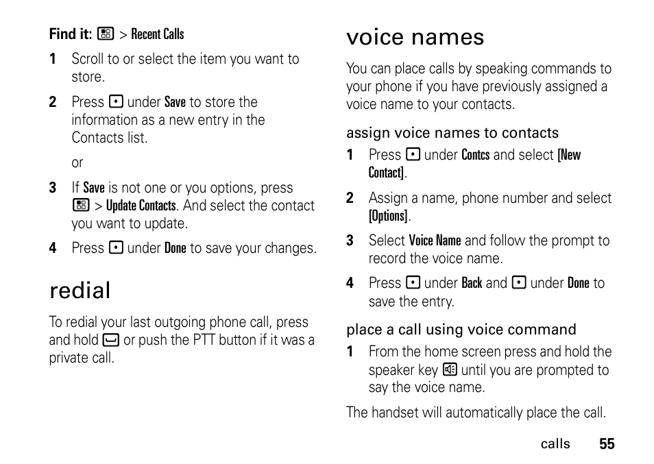 Redial, Voice names | Motorola H76XAH6JR7BN User Manual | Page 59 / 110