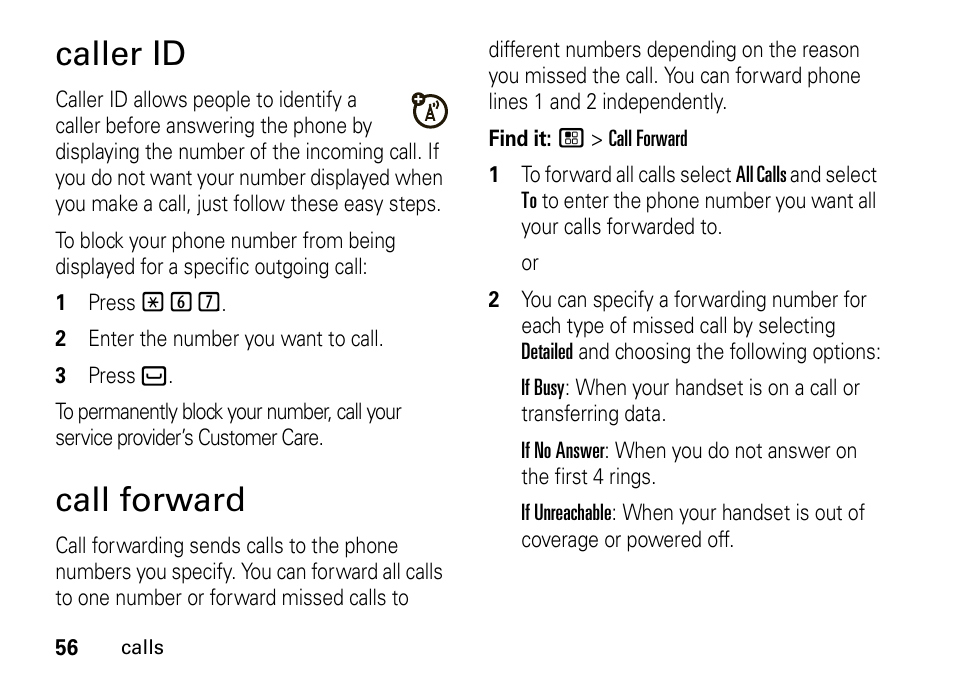 Caller id, Call forward | Motorola H76XAH6JR7BN User Manual | Page 60 / 110