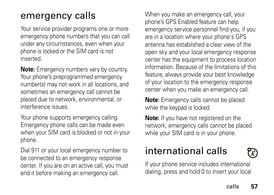 Emergency calls, International calls | Motorola H76XAH6JR7BN User Manual | Page 61 / 110