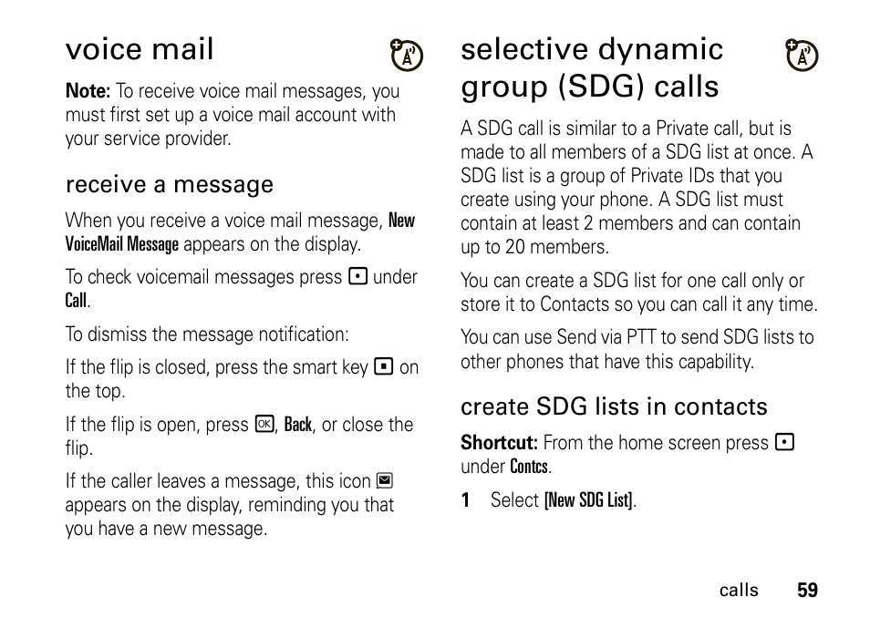 Voice mail, Selective dynamic group (sdg) calls, Receive a message | Create sdg lists in contacts | Motorola H76XAH6JR7BN User Manual | Page 63 / 110