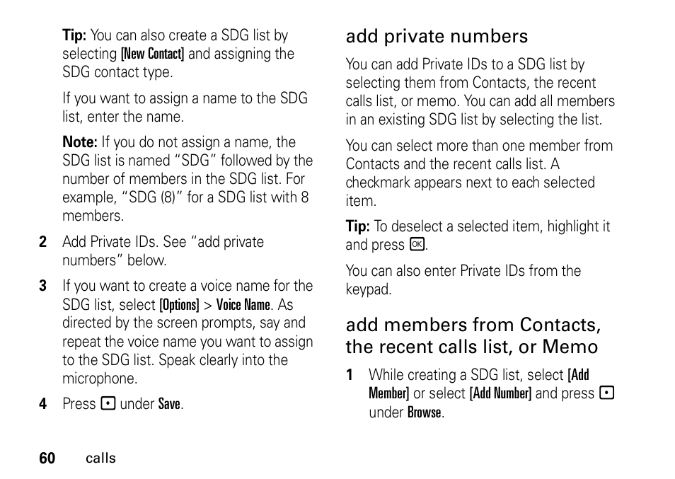 Add private numbers | Motorola H76XAH6JR7BN User Manual | Page 64 / 110