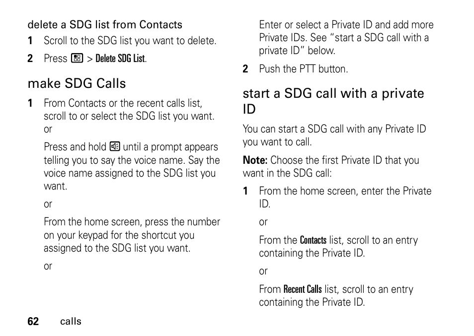 Make sdg calls, Start a sdg call with a private id | Motorola H76XAH6JR7BN User Manual | Page 66 / 110