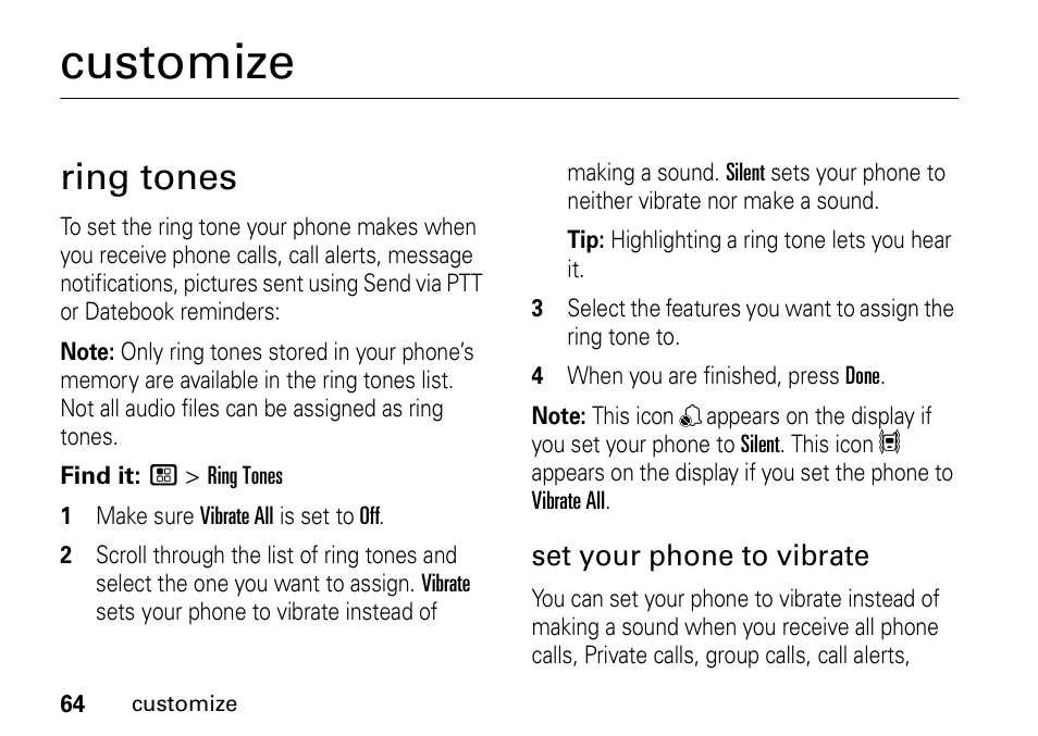 Customize, Ring tones | Motorola H76XAH6JR7BN User Manual | Page 68 / 110