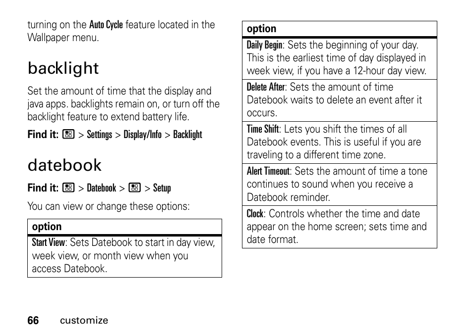 Backlight, Datebook | Motorola H76XAH6JR7BN User Manual | Page 70 / 110