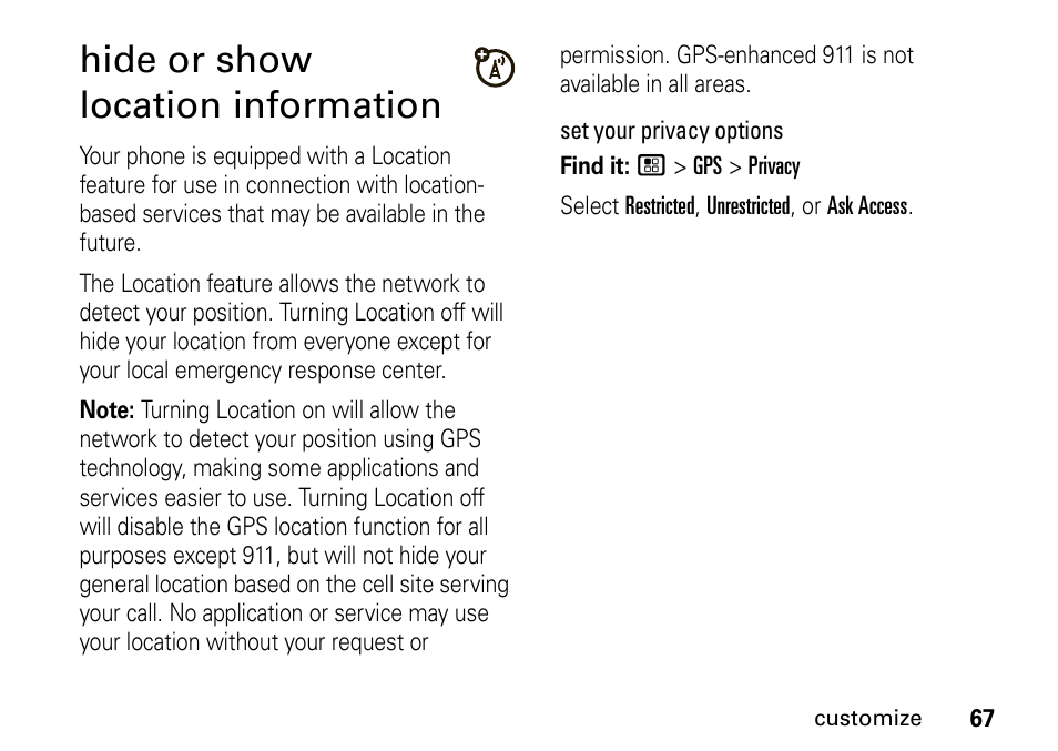 Hide or show location information | Motorola H76XAH6JR7BN User Manual | Page 71 / 110