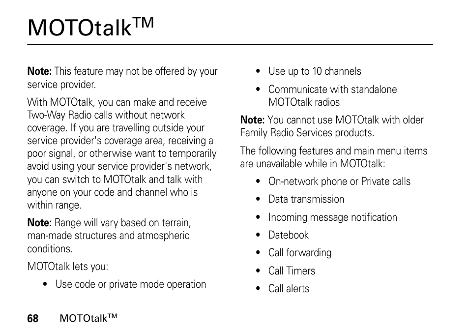 Mototalktm, Mototalk | Motorola H76XAH6JR7BN User Manual | Page 72 / 110