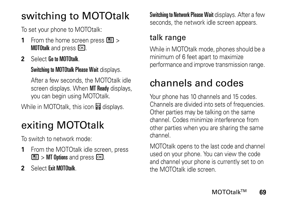 Switching to mototalk, Exiting mototalk, Channels and codes | Talk range | Motorola H76XAH6JR7BN User Manual | Page 73 / 110