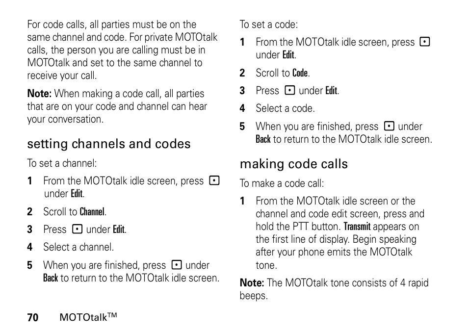 Setting channels and codes, Making code calls | Motorola H76XAH6JR7BN User Manual | Page 74 / 110