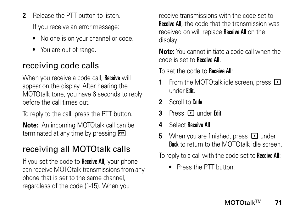 Receiving code calls, Receiving all mototalk calls | Motorola H76XAH6JR7BN User Manual | Page 75 / 110