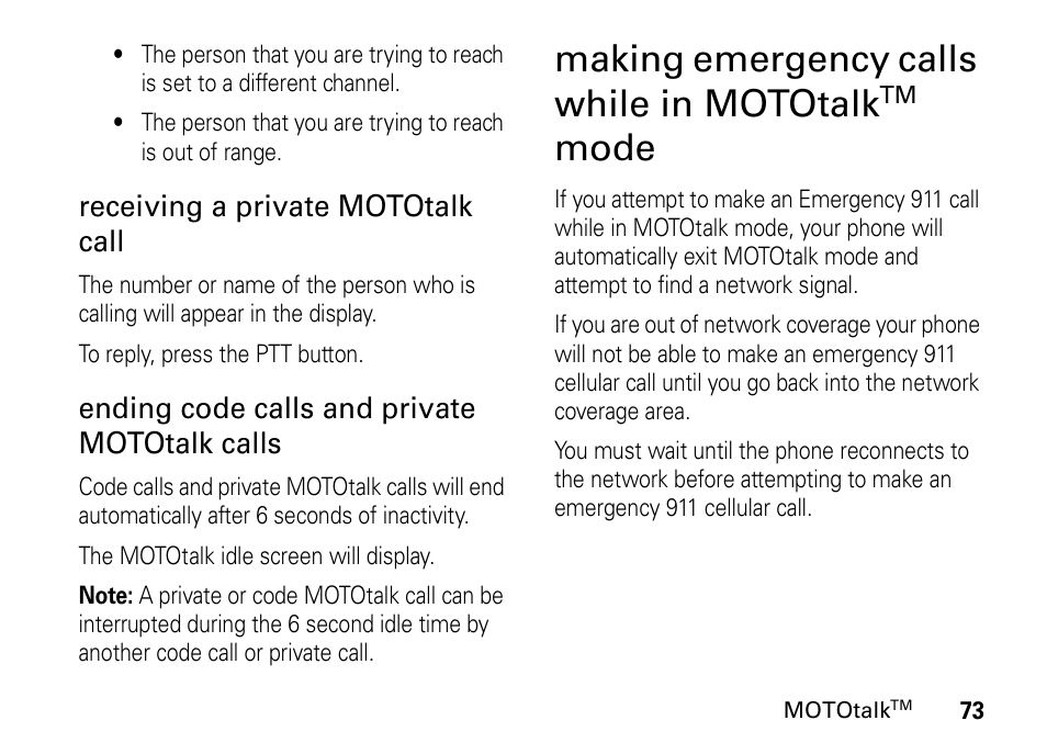 Making emergency calls while in mototalktm mode, Making emergency calls while in mototalk, Mode | Motorola H76XAH6JR7BN User Manual | Page 77 / 110