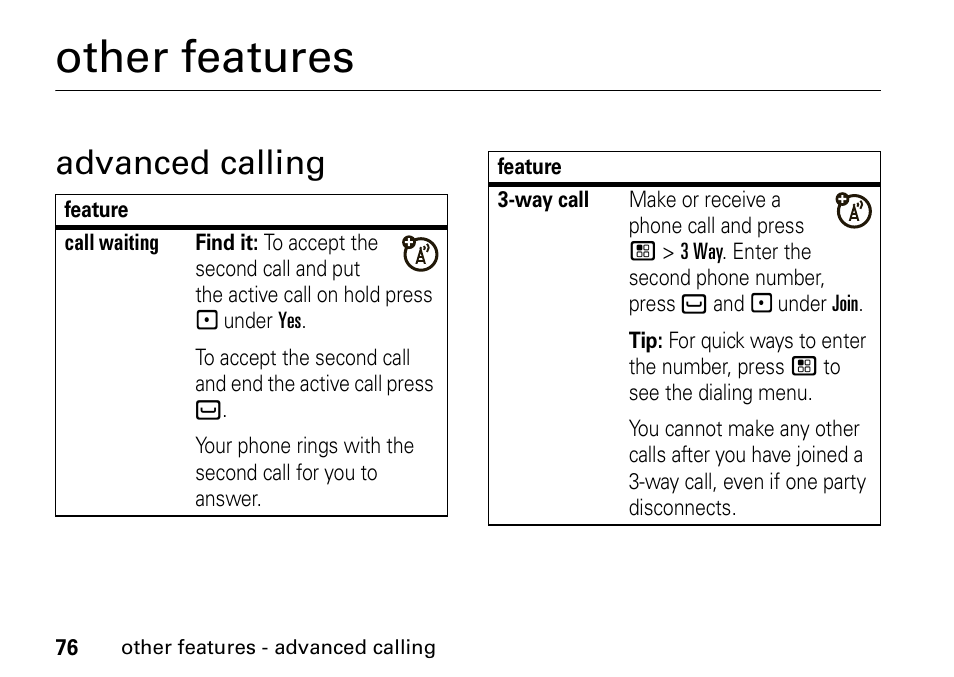 Other features, Advanced calling | Motorola H76XAH6JR7BN User Manual | Page 80 / 110