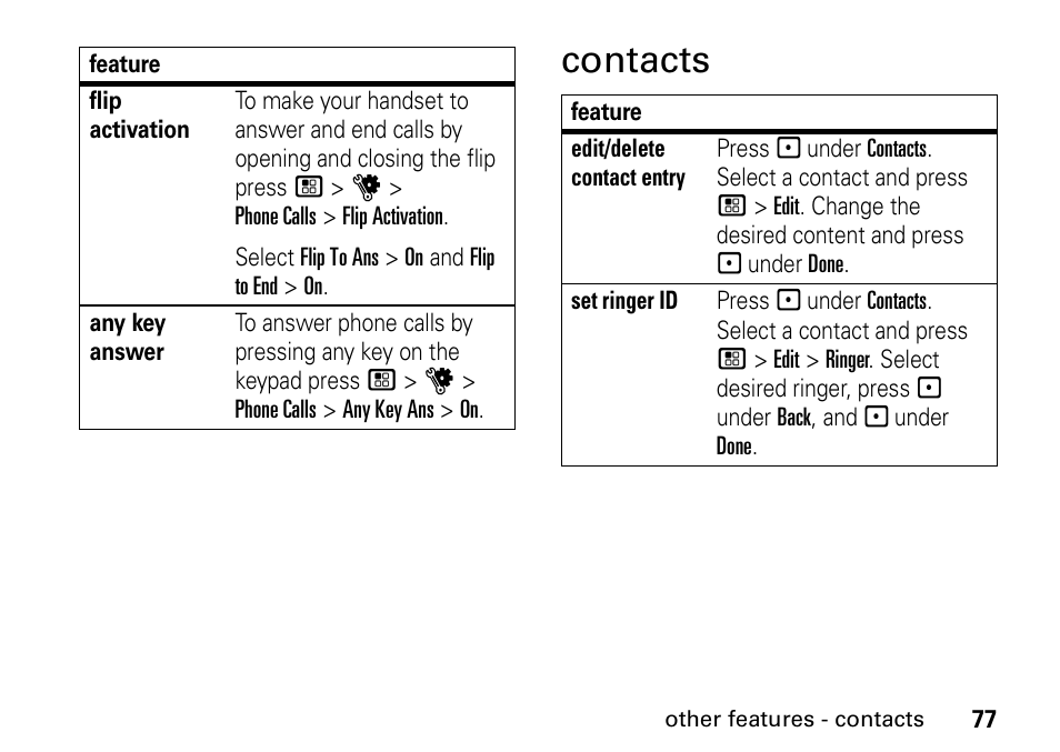 Contacts | Motorola H76XAH6JR7BN User Manual | Page 81 / 110