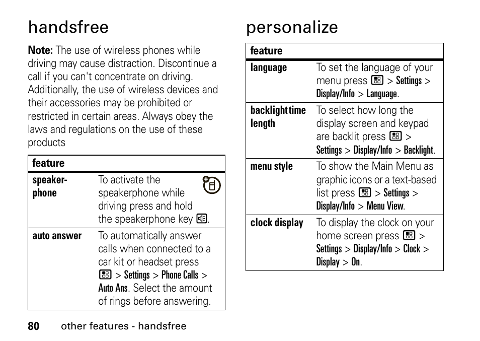 Handsfree, Personalize | Motorola H76XAH6JR7BN User Manual | Page 84 / 110