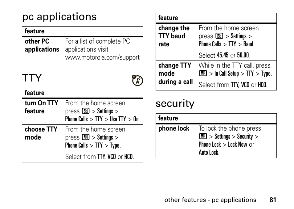 Pc applications, Security, Pc applications tty security | Motorola H76XAH6JR7BN User Manual | Page 85 / 110