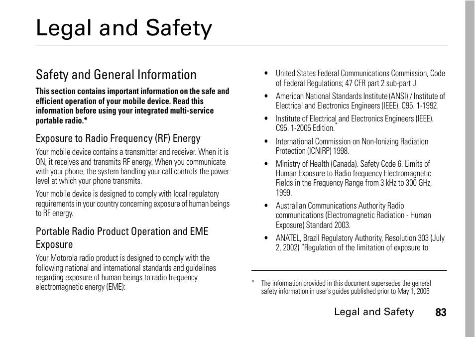 Legal and safety, Safety and general information | Motorola H76XAH6JR7BN User Manual | Page 87 / 110