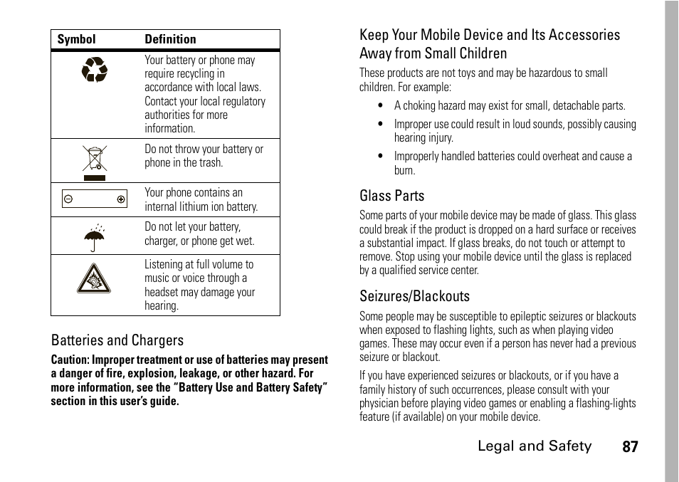 Batteries and chargers, Glass parts, Seizures/blackouts | Legal and safety | Motorola H76XAH6JR7BN User Manual | Page 91 / 110