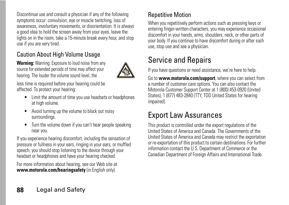 Service and repairs, Export law assurances | Motorola H76XAH6JR7BN User Manual | Page 92 / 110