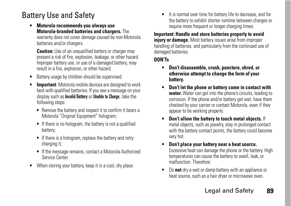Battery use and safety | Motorola H76XAH6JR7BN User Manual | Page 93 / 110