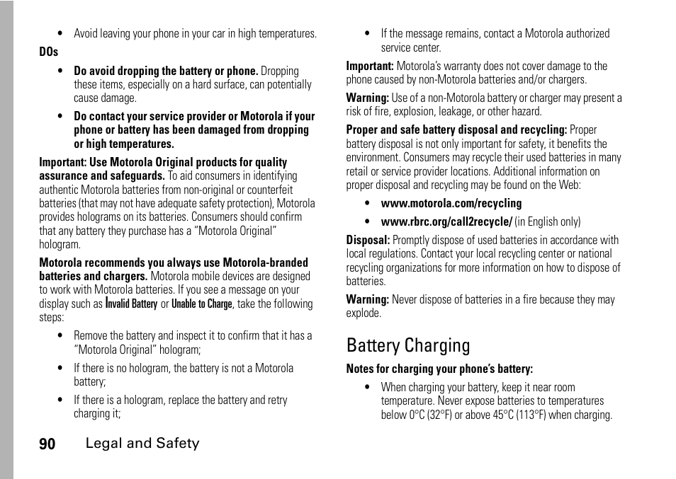 Battery charging | Motorola H76XAH6JR7BN User Manual | Page 94 / 110