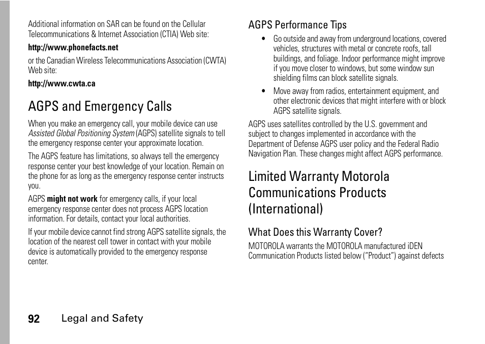 Agps and emergency calls | Motorola H76XAH6JR7BN User Manual | Page 96 / 110