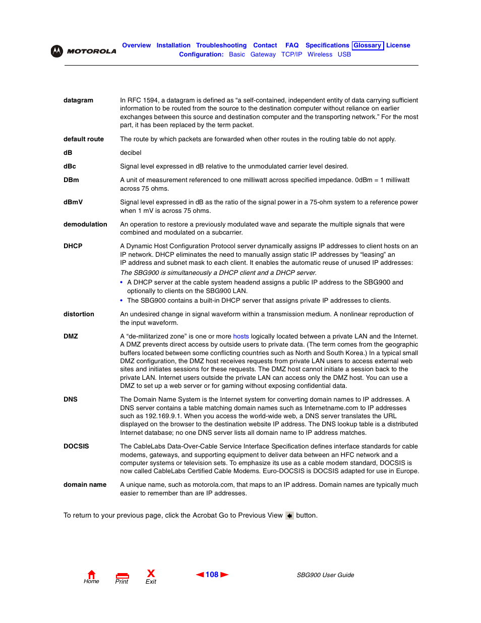 Domain name, Docsis | Motorola SBG900 User Manual | Page 114 / 130