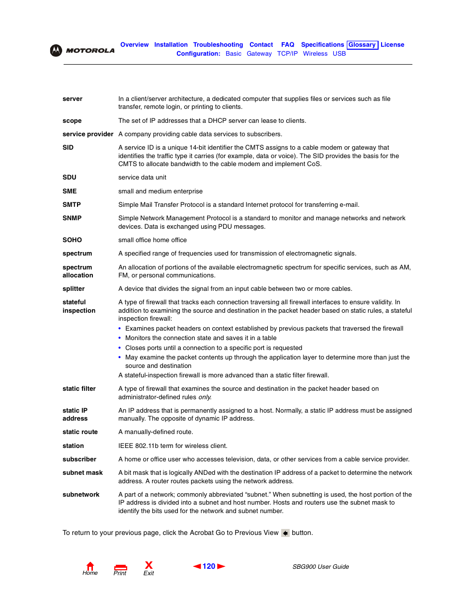 Stateful-inspection, Splitter, Stateful inspection | Subnet mask, Static ip address, Des a | Motorola SBG900 User Manual | Page 126 / 130