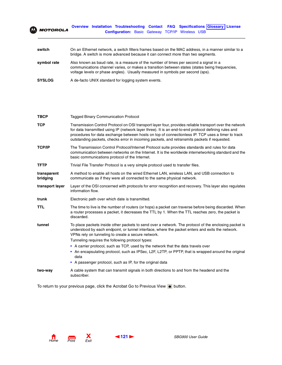 Switches, Tcp/ip, Tunnel | Motorola SBG900 User Manual | Page 127 / 130