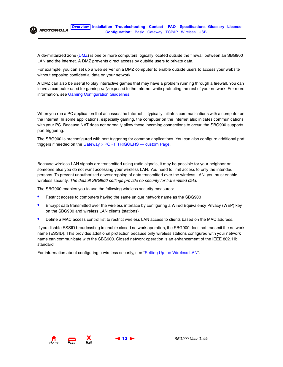 Port triggering, Wireless security, Dmz port triggering wireless security | Motorola SBG900 User Manual | Page 19 / 130