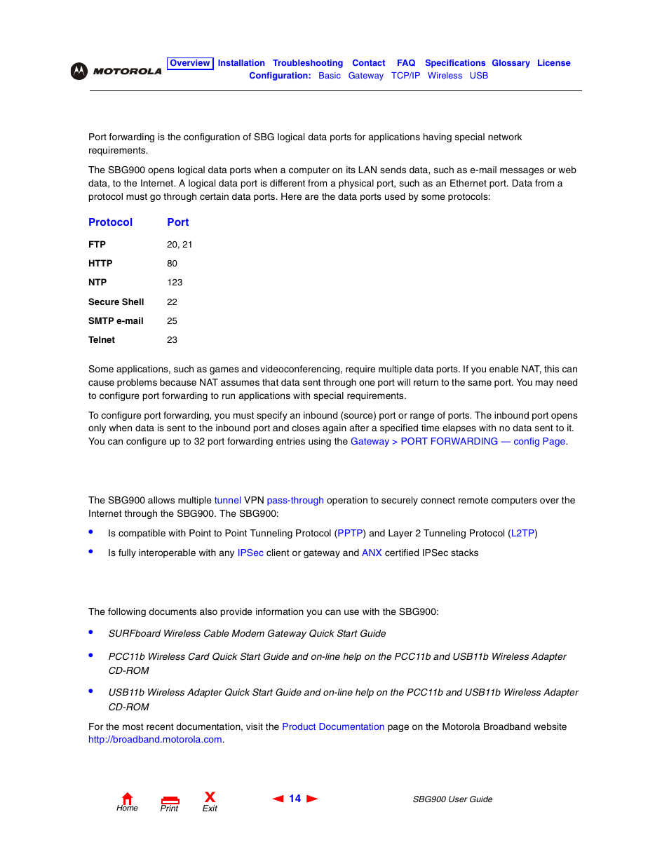 Port forwarding, Virtual private networks, Related documentation | Motorola SBG900 User Manual | Page 20 / 130