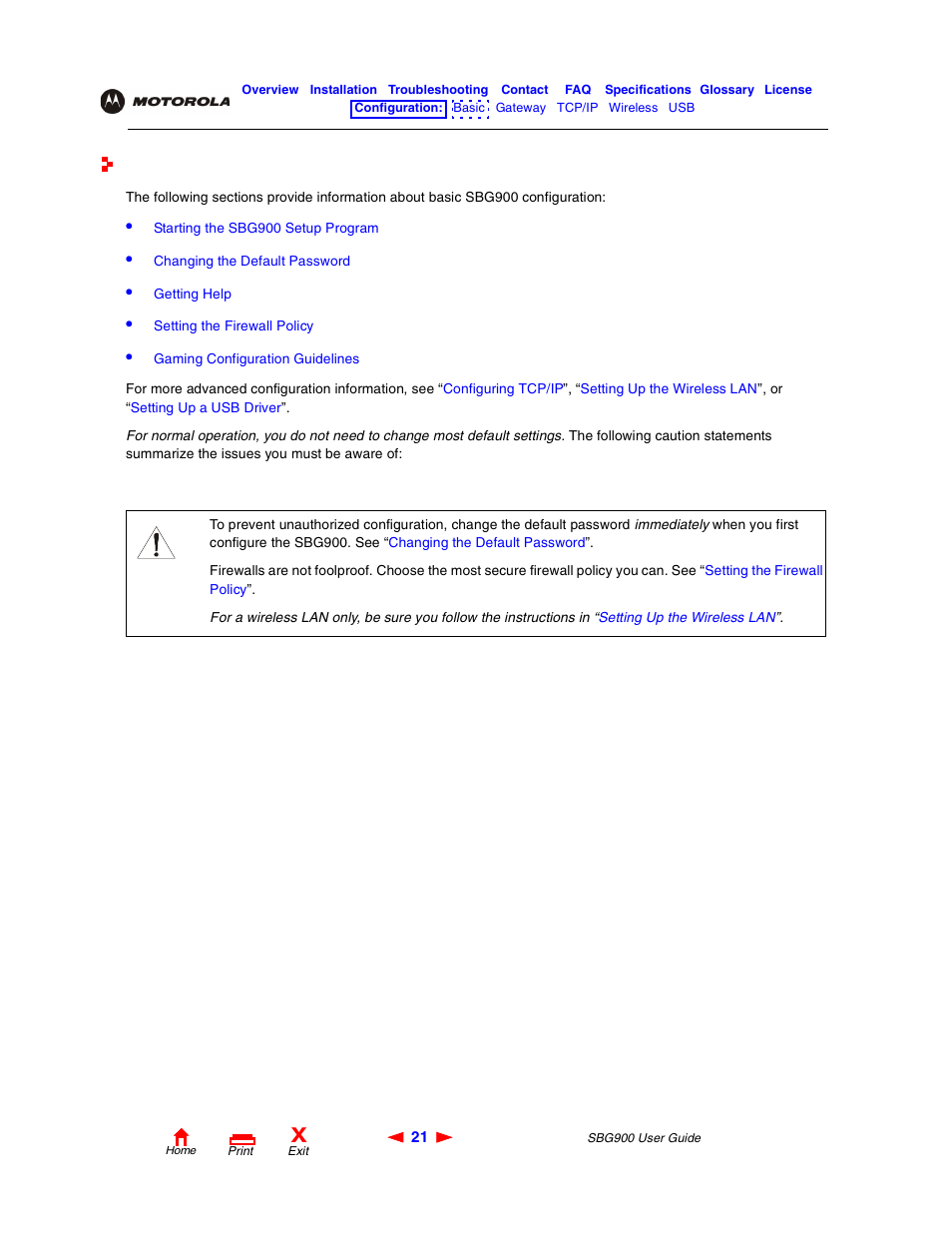 Basic configuration, Configuration: basic g, C configuration | Caution | Motorola SBG900 User Manual | Page 27 / 130