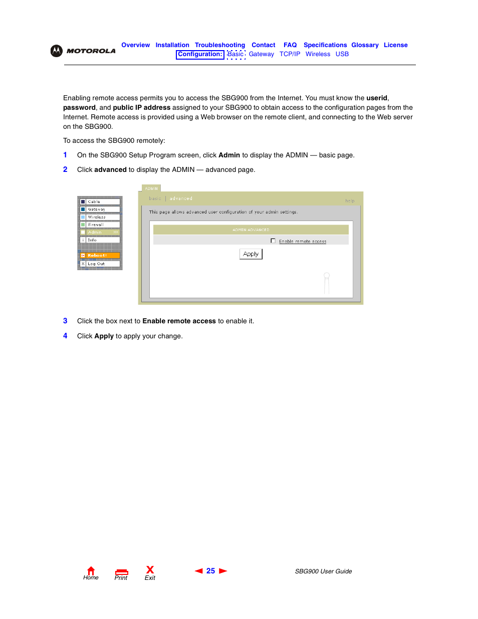 Enabling remote access | Motorola SBG900 User Manual | Page 31 / 130