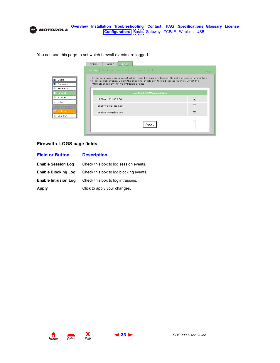 Firewall > logs page | Motorola SBG900 User Manual | Page 39 / 130